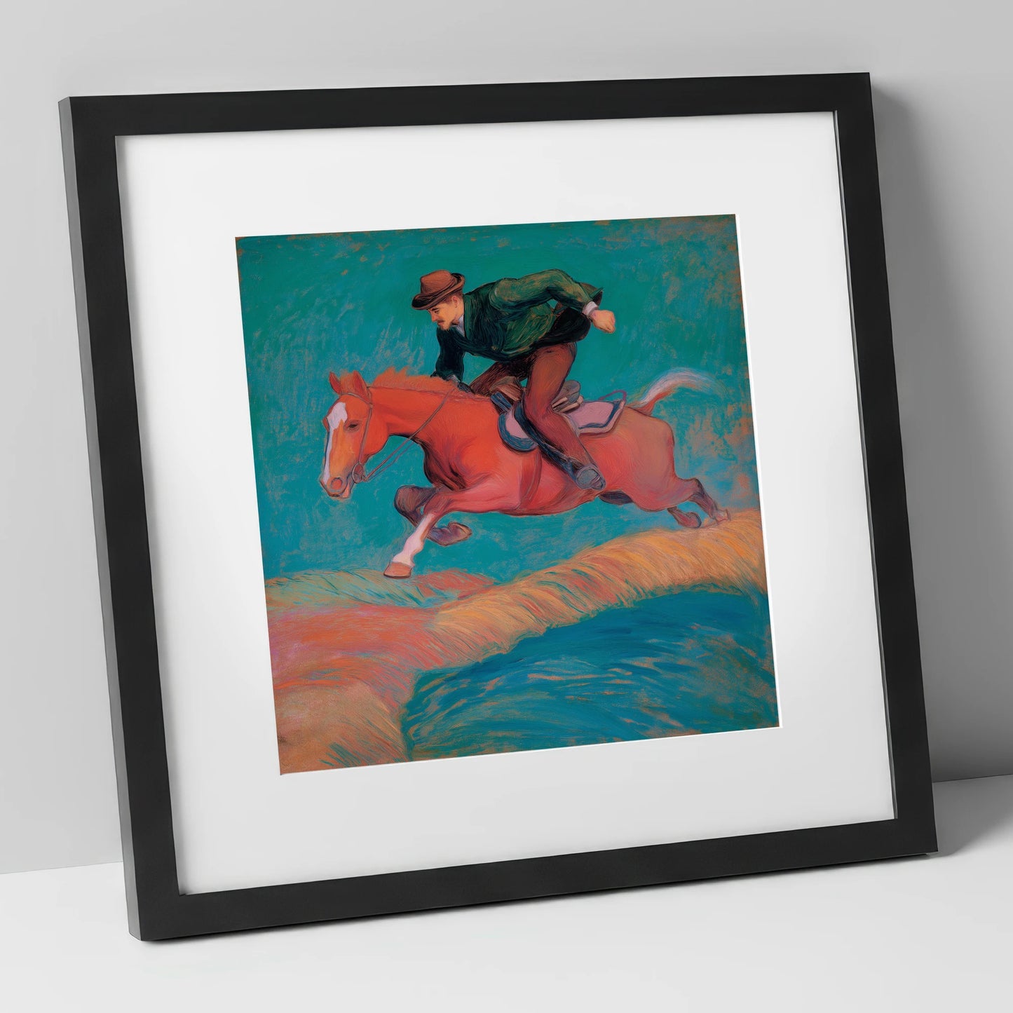 The Bold Leap show jumping horse art print in black frame