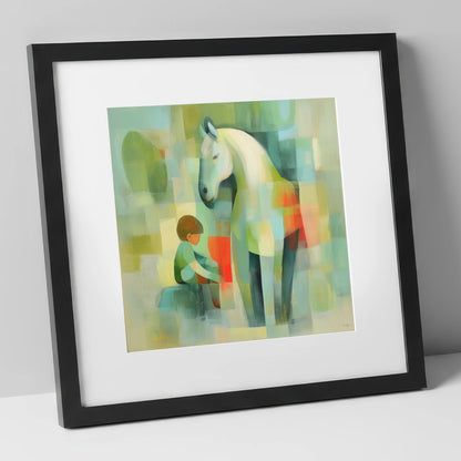 The Quiet Companion horse & rider art print in black frame