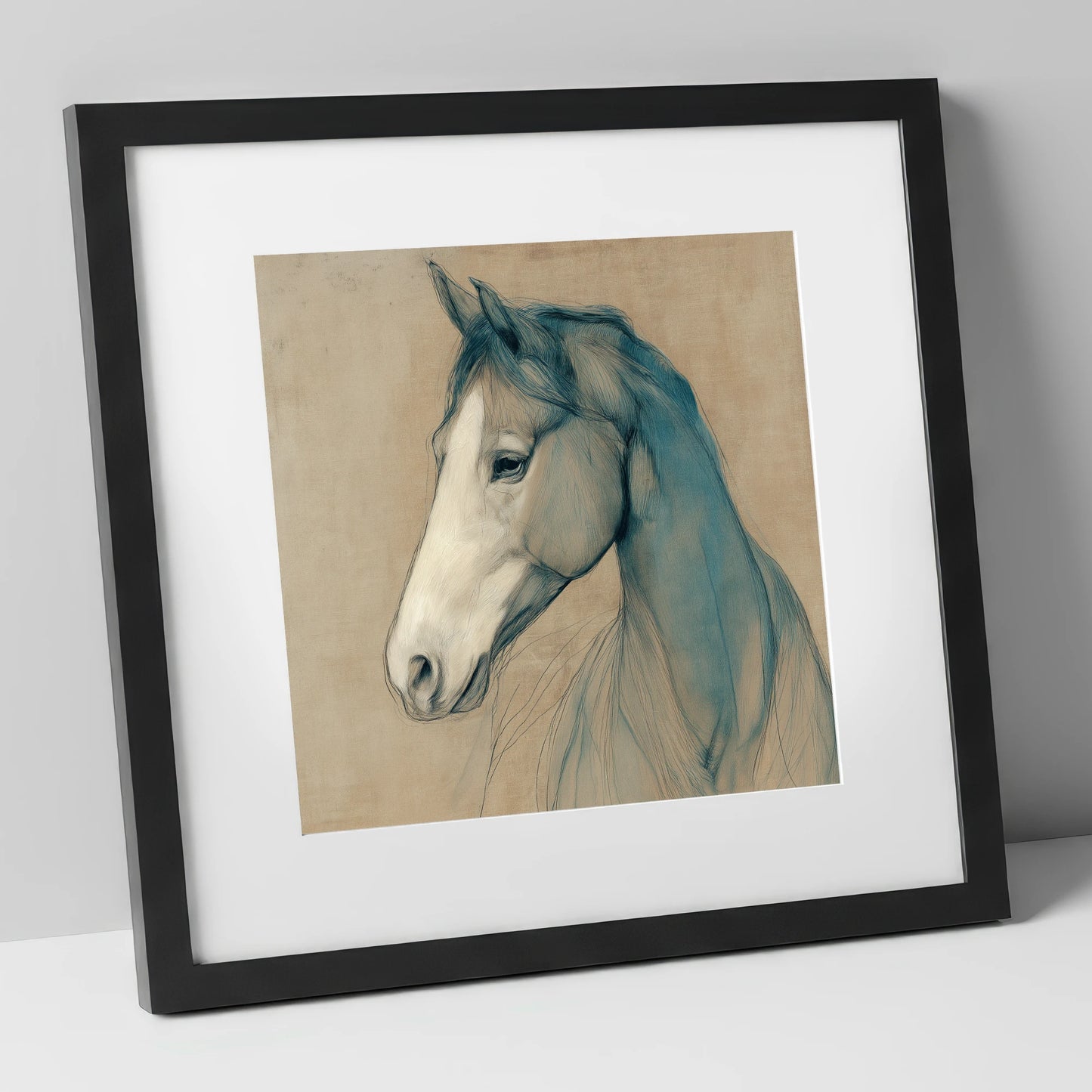 Teal Equine Study horse portrait art print in black frame