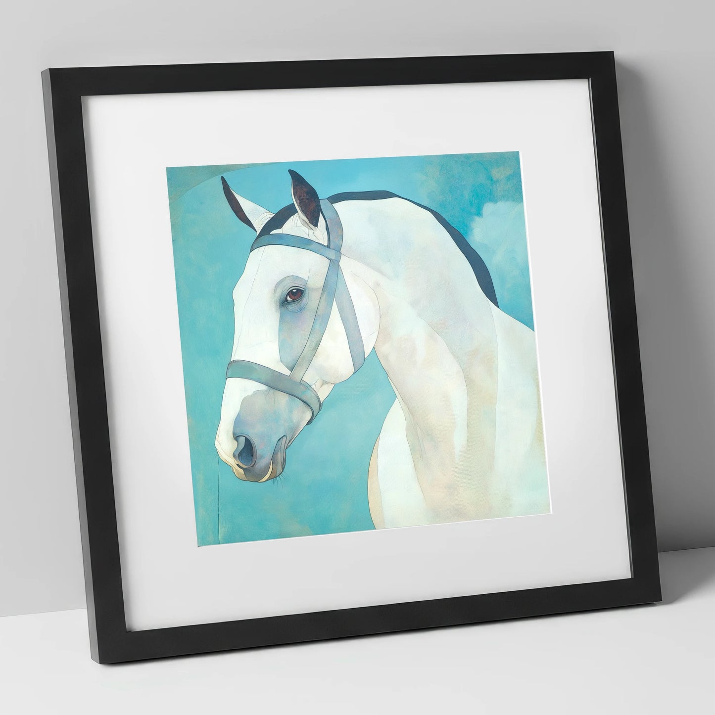 Serene Focus in Teal horse portrait art print in black frame