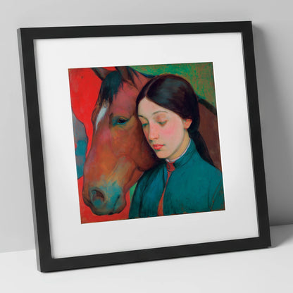 Silent Devotion horse & rider art print in black frame