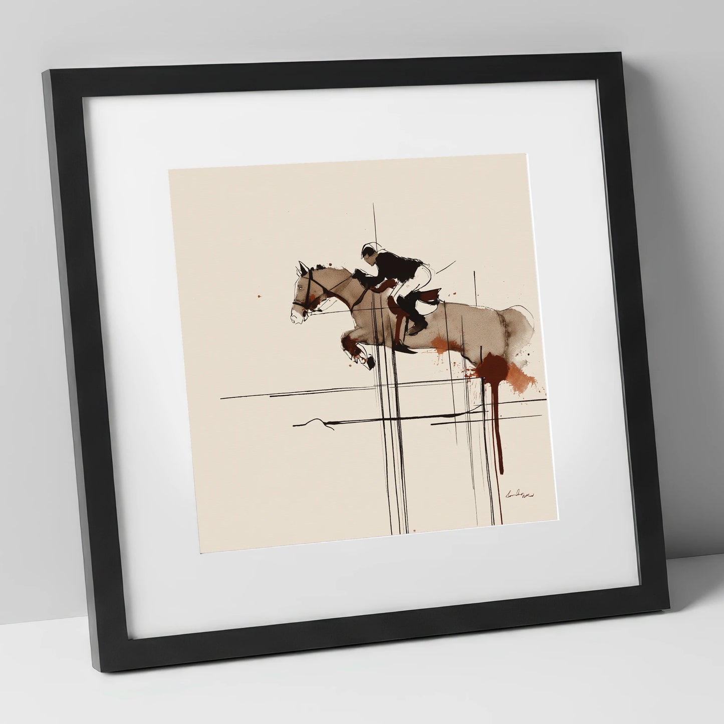 Precision and Flight show jumping horse art print in black frame