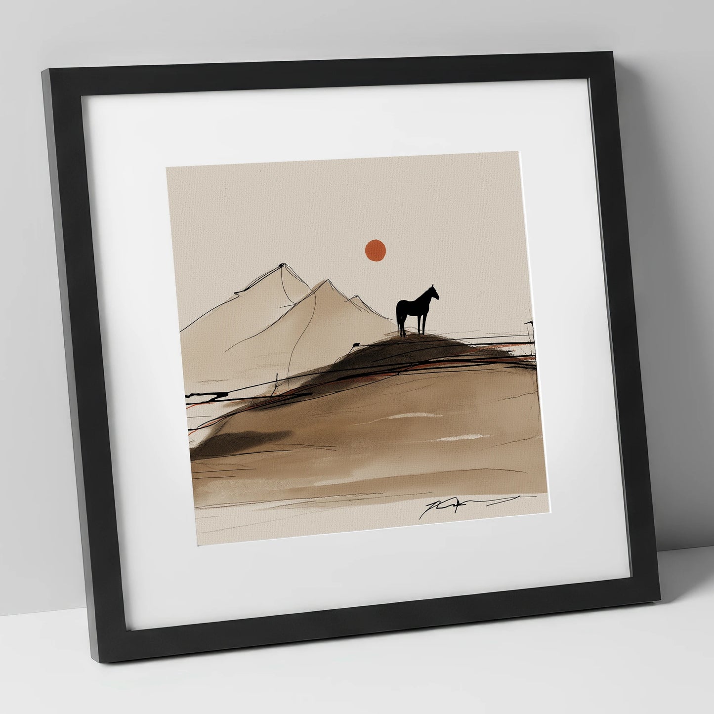 Sepia Ridge Silhouette horse landscape art print in black frame