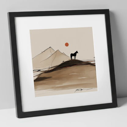 Sepia Ridge Silhouette horse landscape art print in black frame