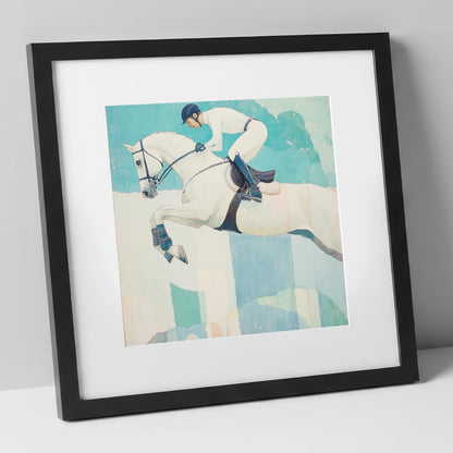 Teal Ascent show jumping horse art print in black frame