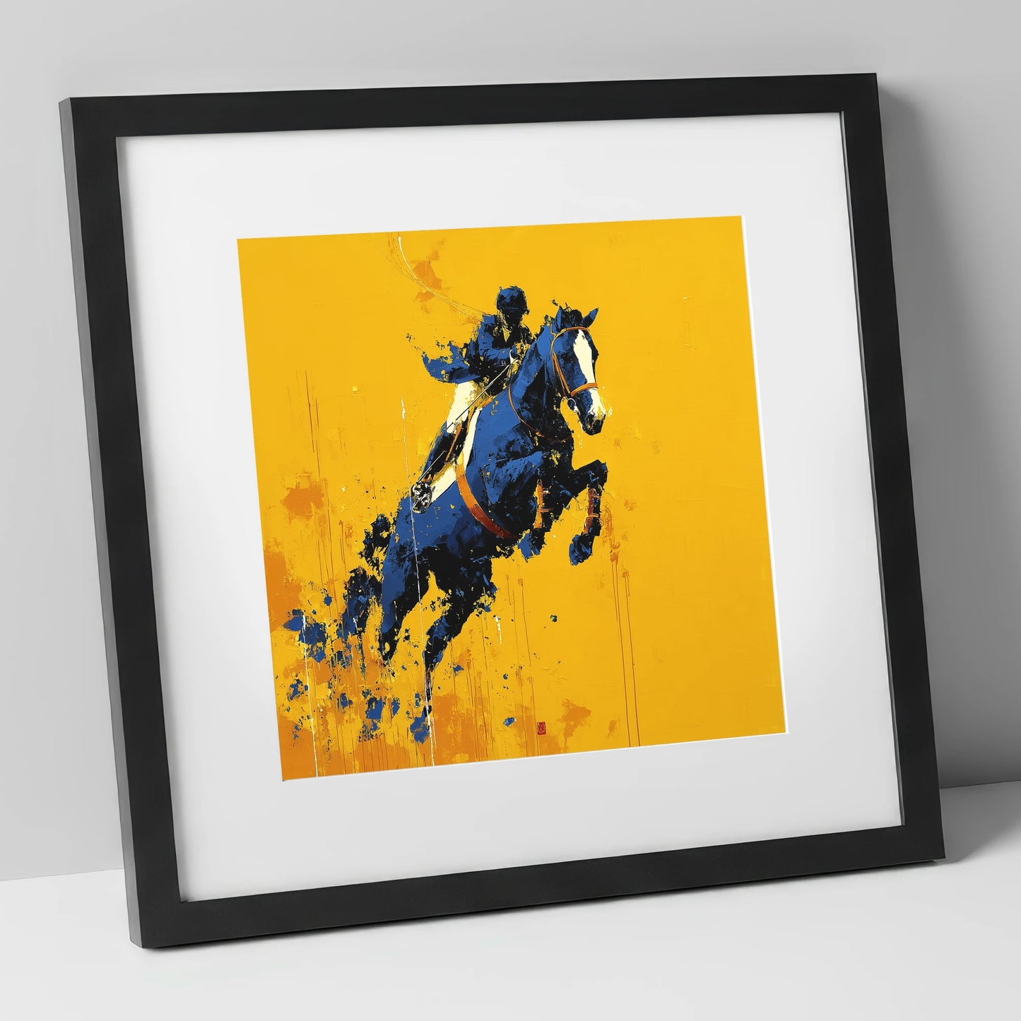 Airborne in Navy show jumping horse art print in black frame