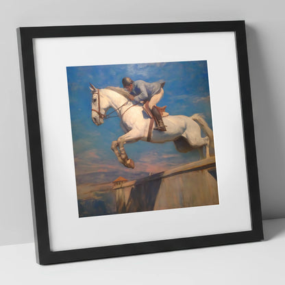 Flight Over the Wall show jumping horse art print in black frame