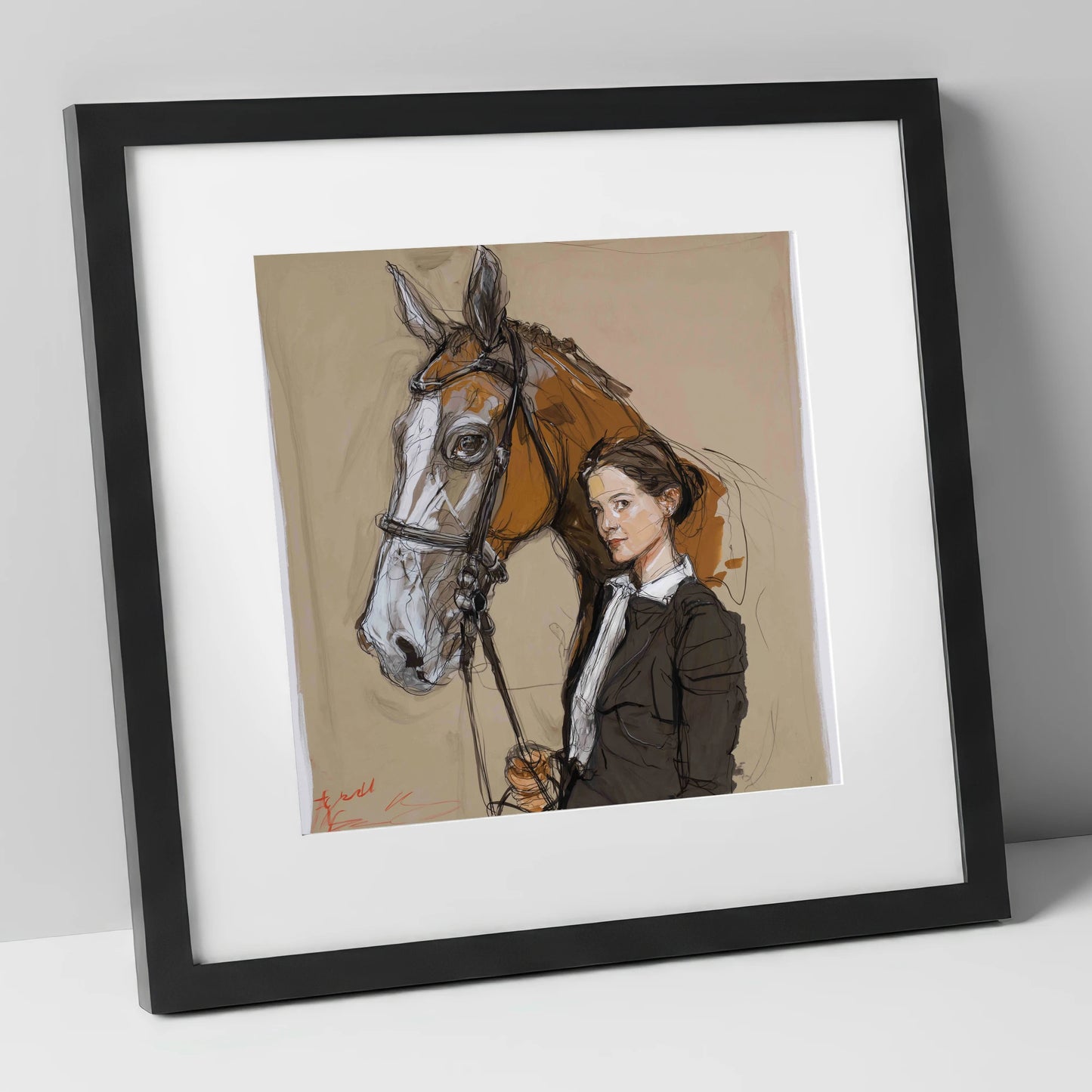 The Rider's Bond horse & rider art print in black frame
