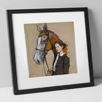The Rider's Bond horse & rider art print in black frame