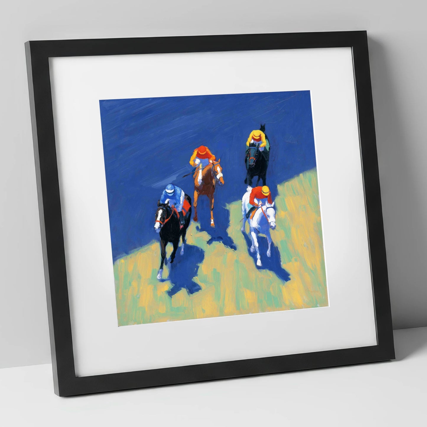 Turf Shadows racing horse art print in black frame
