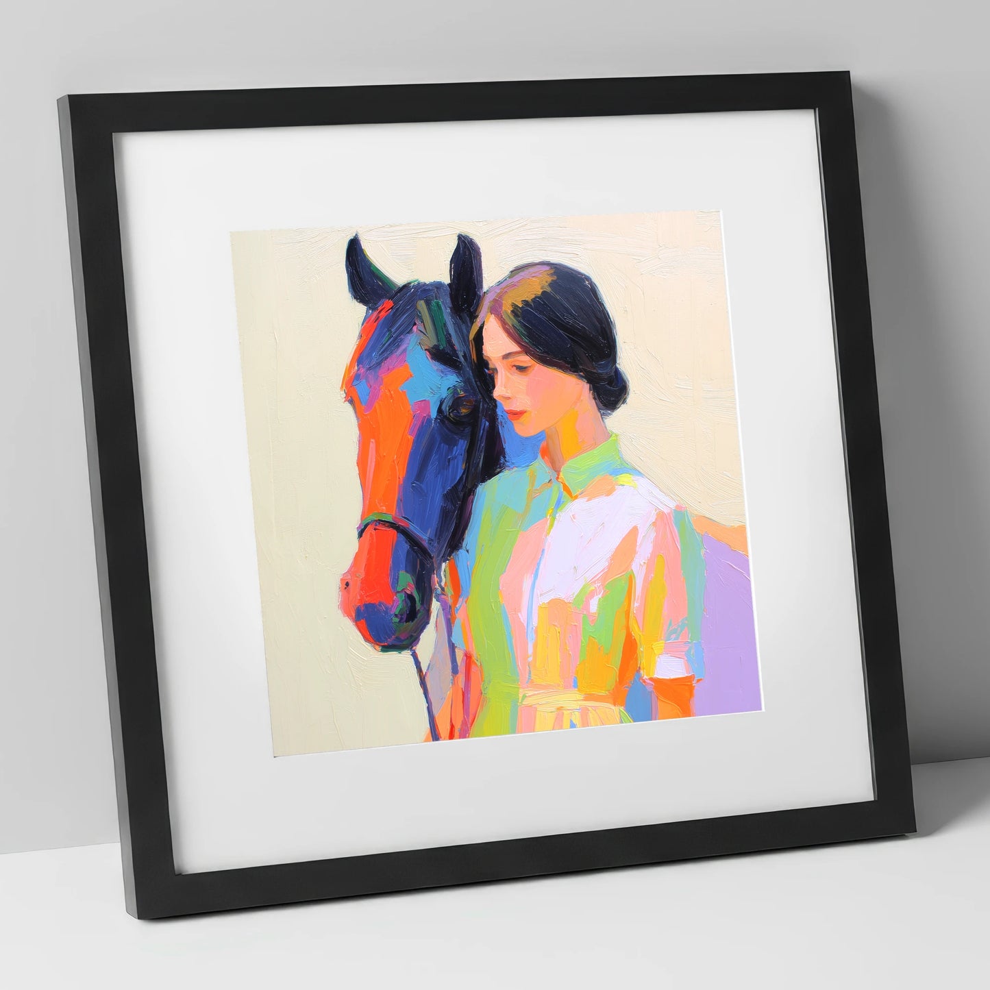 Radiant Companionship horse & rider art print in black frame
