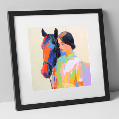 Radiant Companionship horse & rider art print in black frame