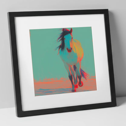 Electric Cyan Stride horse portrait art print in black frame