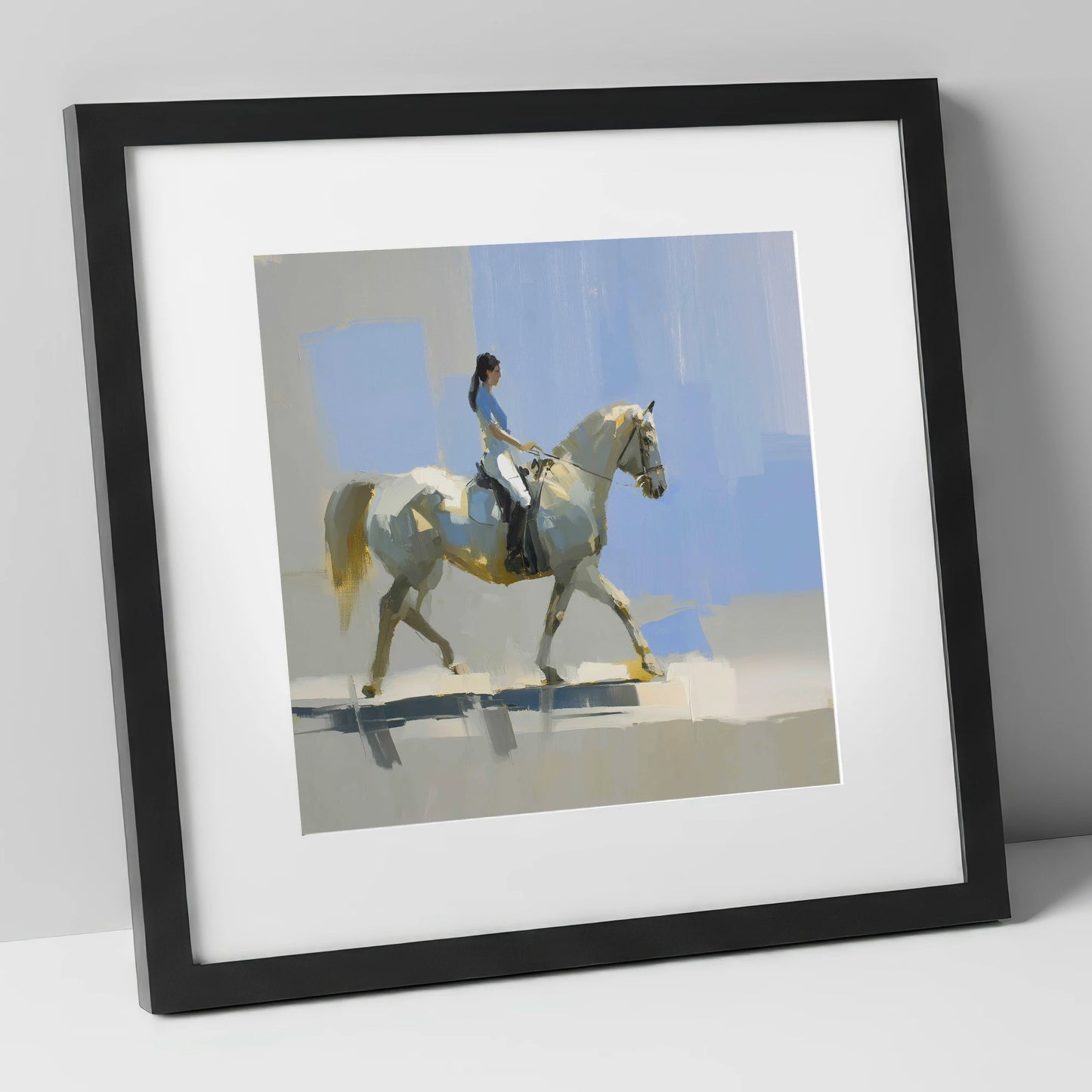 The Sunlit Grey dressage horse art print in black frame