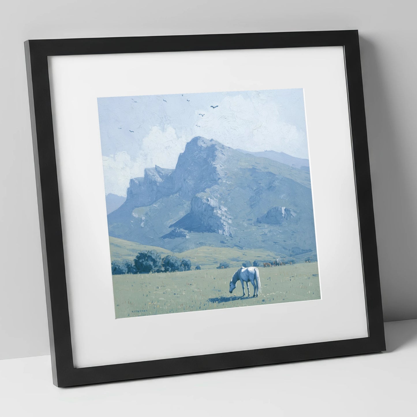 Solitude Beneath the Peak horse landscape art print in black frame