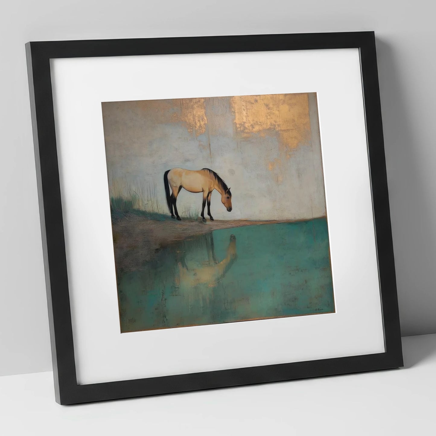 Gilded Equine Reflection horse landscape art print in black frame