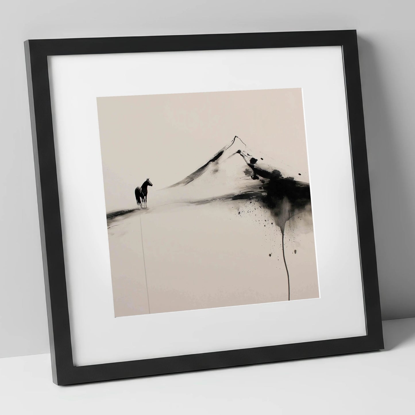 Solitary Mountain Silhouette horse landscape art print in black frame