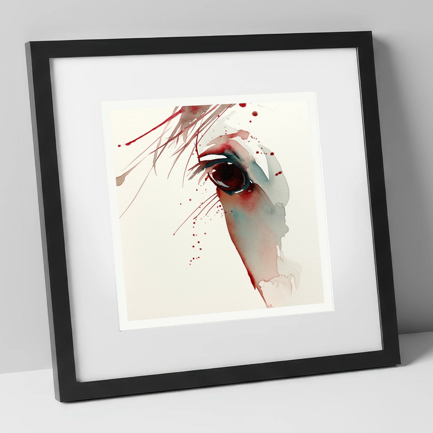 Crimson Gaze horse portrait art print in black frame