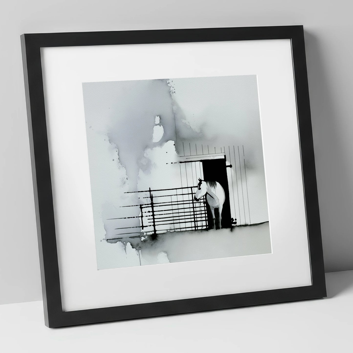 Dawn at the Stable horse stable art print in black frame