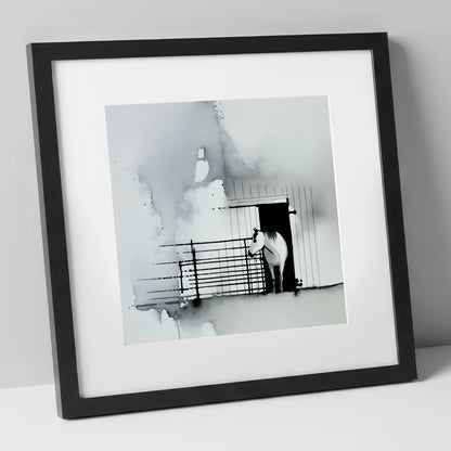 Dawn at the Stable horse stable art print in black frame