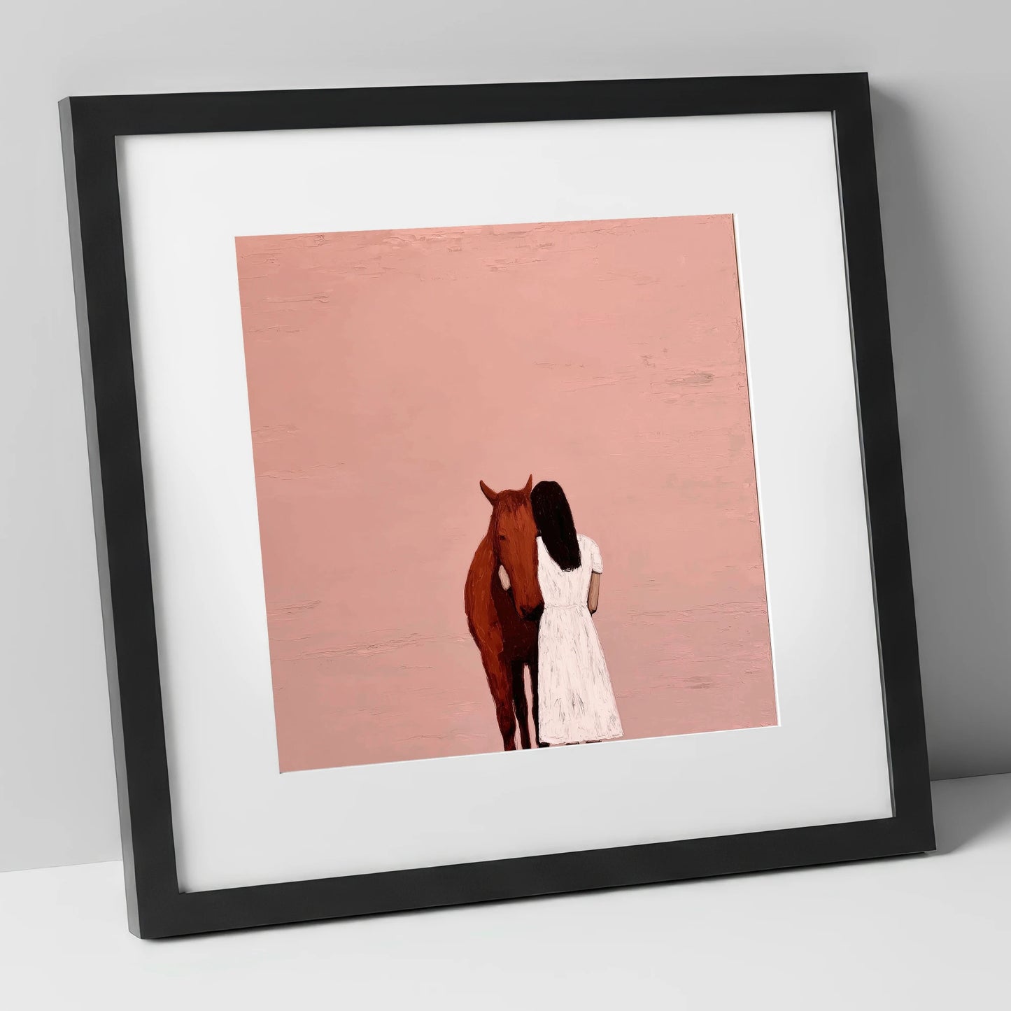 The Quiet Embrace horse & rider art print in black frame