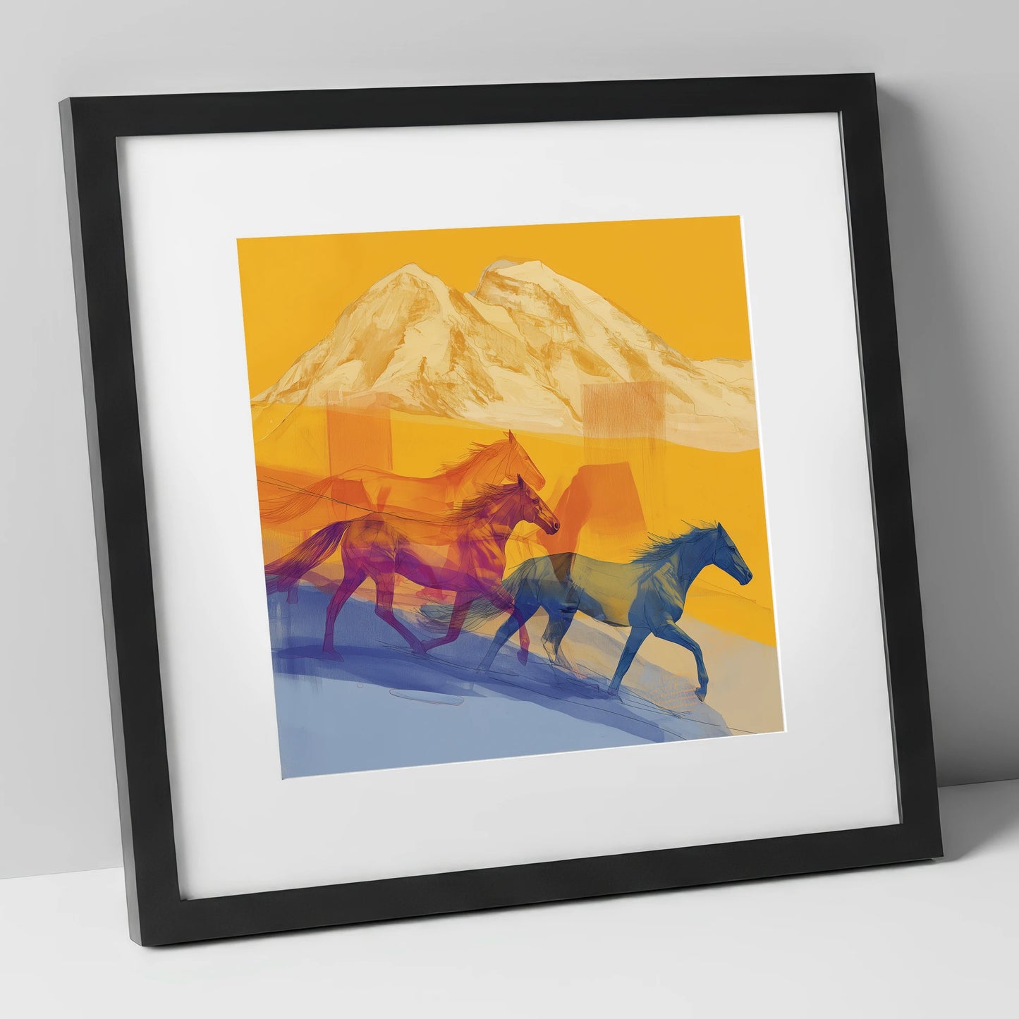 Golden Mountain Canter horse landscape art print in black frame