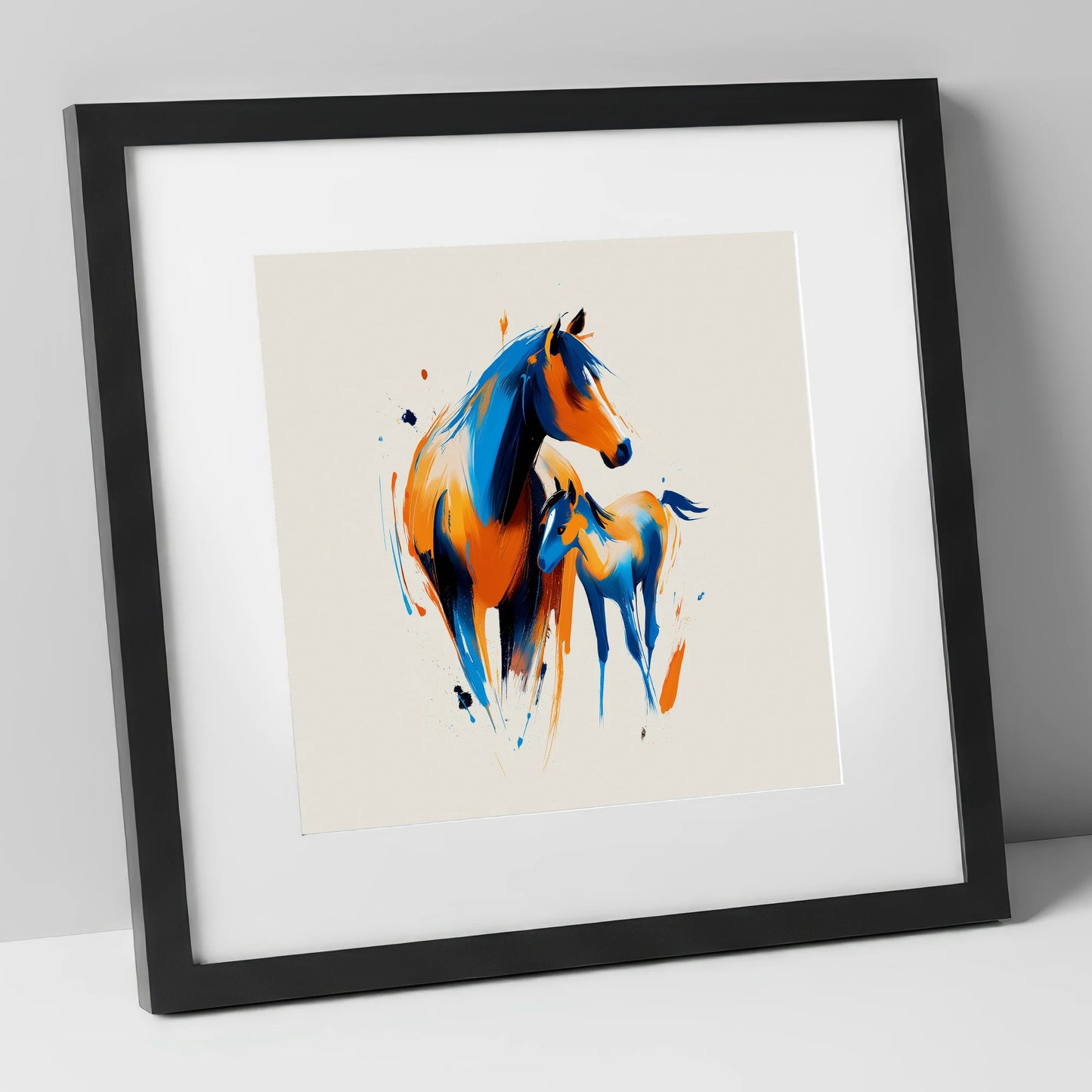 Azure and Amber Bond mare & foal art print in black frame