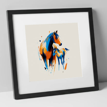 Azure and Amber Bond mare & foal art print in black frame