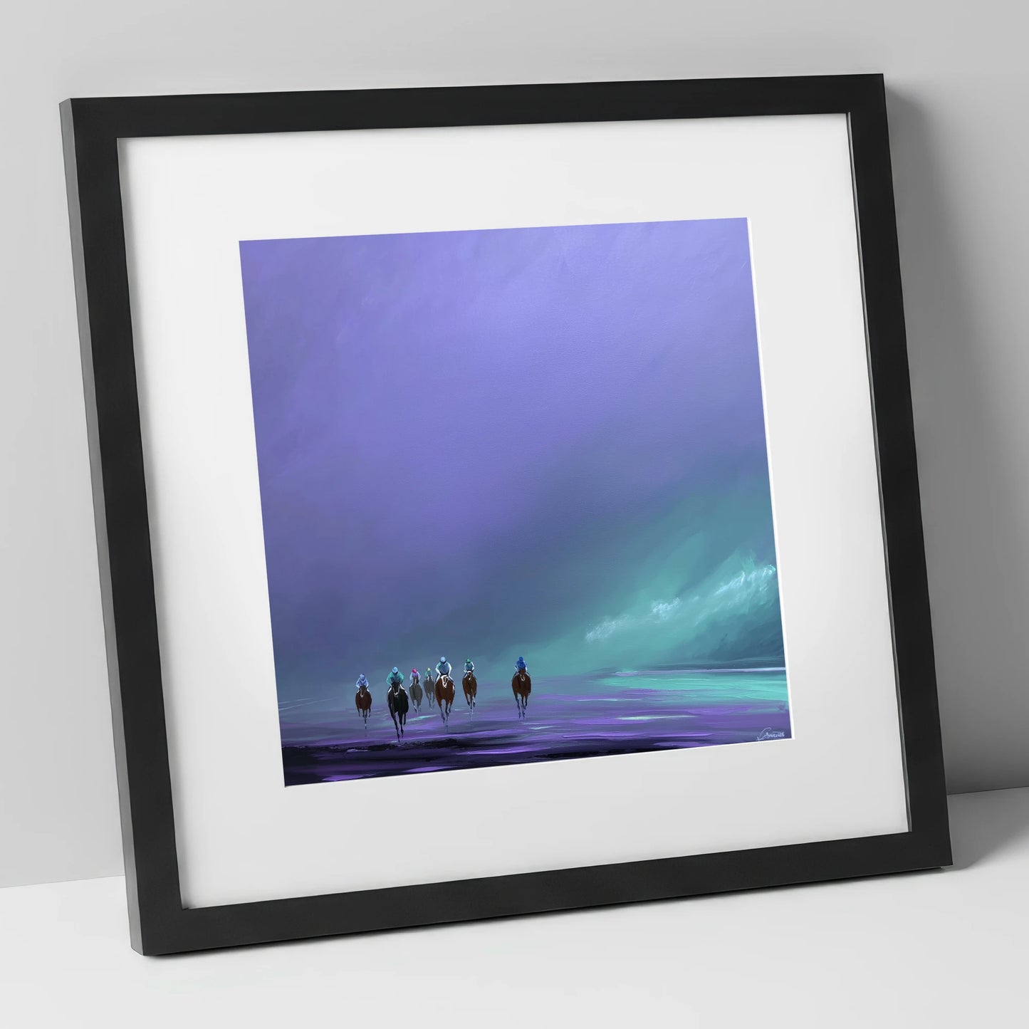 Violet Dawn Gallops racing horse art print in black frame