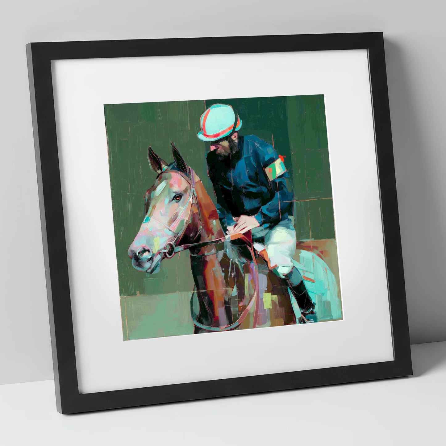 Quiet Intensity racing horse art print in black frame