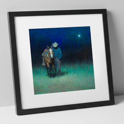 Under the Western Moon western horse art print in black frame