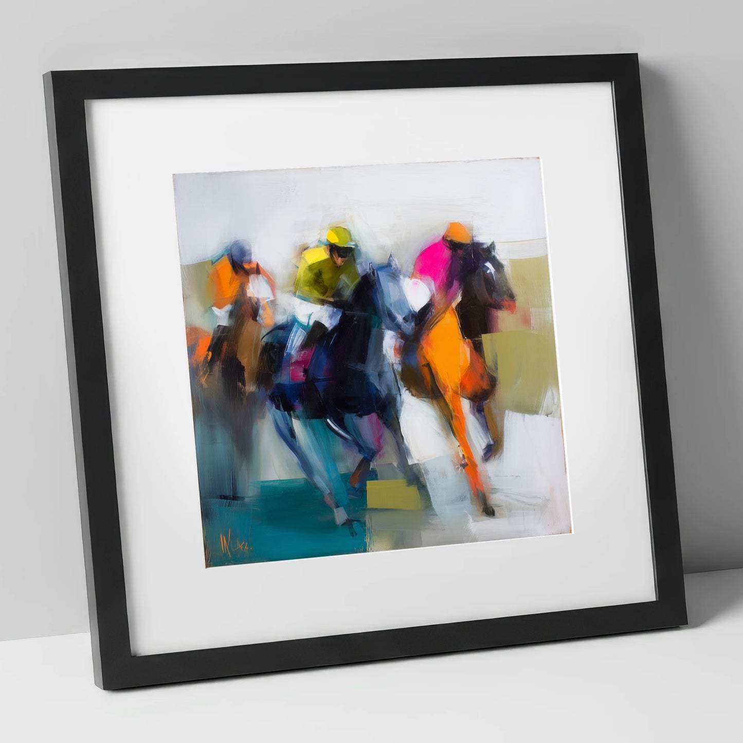 Rush of Silks racing horse art print in black frame