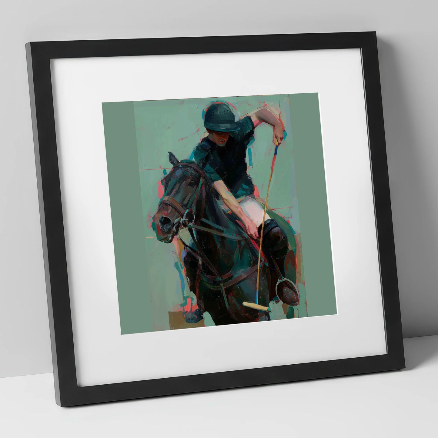 The Decisive Swing polo horse art print in black frame