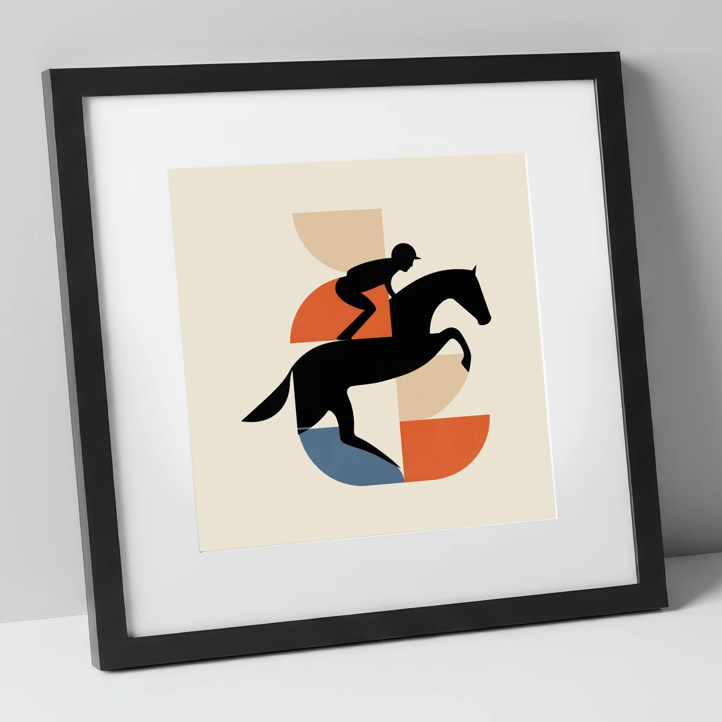 Geometric Steeplechase racing horse art print in black frame