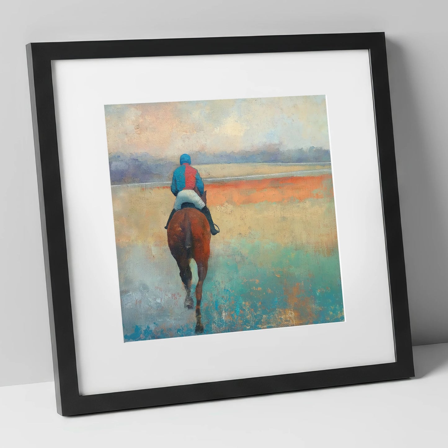 Towards the Start racing horse art print in black frame