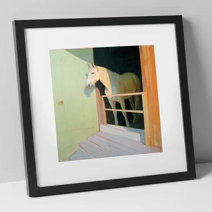 Sunlight and Shadows horse stable art print in black frame