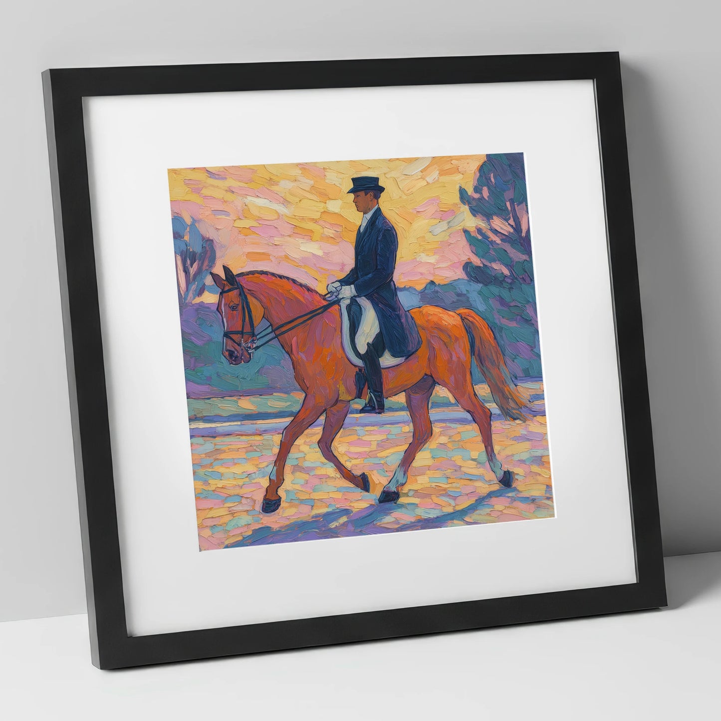 Painted Dressage Elegance dressage horse art print in black frame