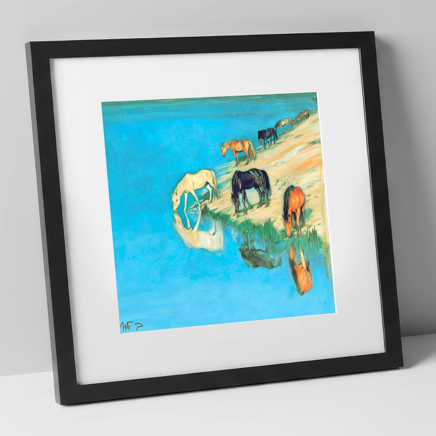 Azure Bank Reflections wild horses art print in black frame