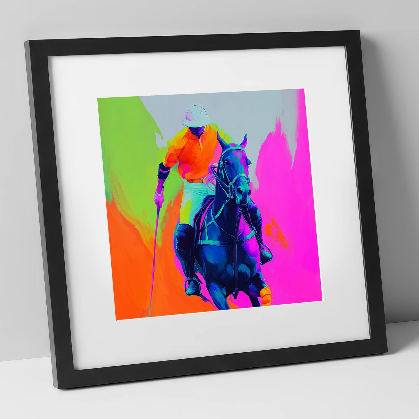 Neon Chukka polo horse art print in black frame