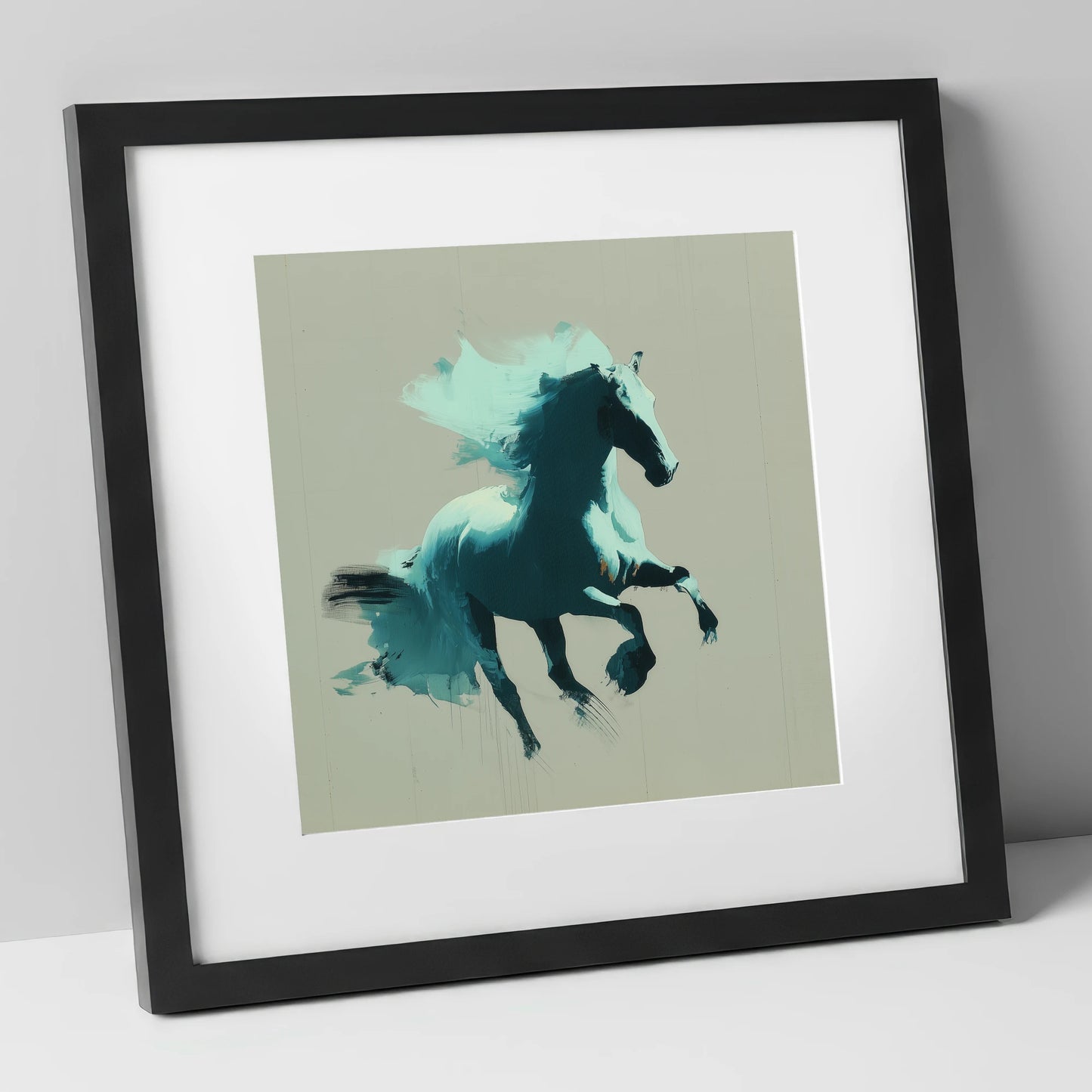 Dynamic Teal Stallion horse breed art print in black frame