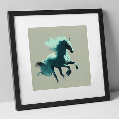 Dynamic Teal Stallion horse breed art print in black frame