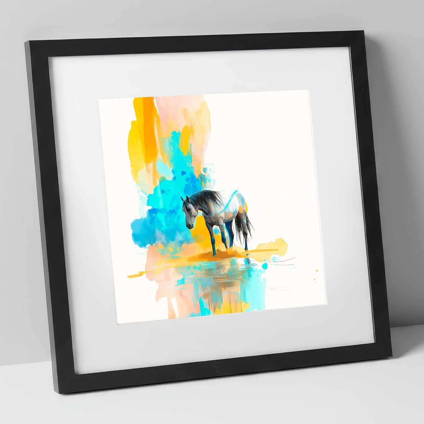 Vibrant Grey Reflection horse portrait art print in black frame
