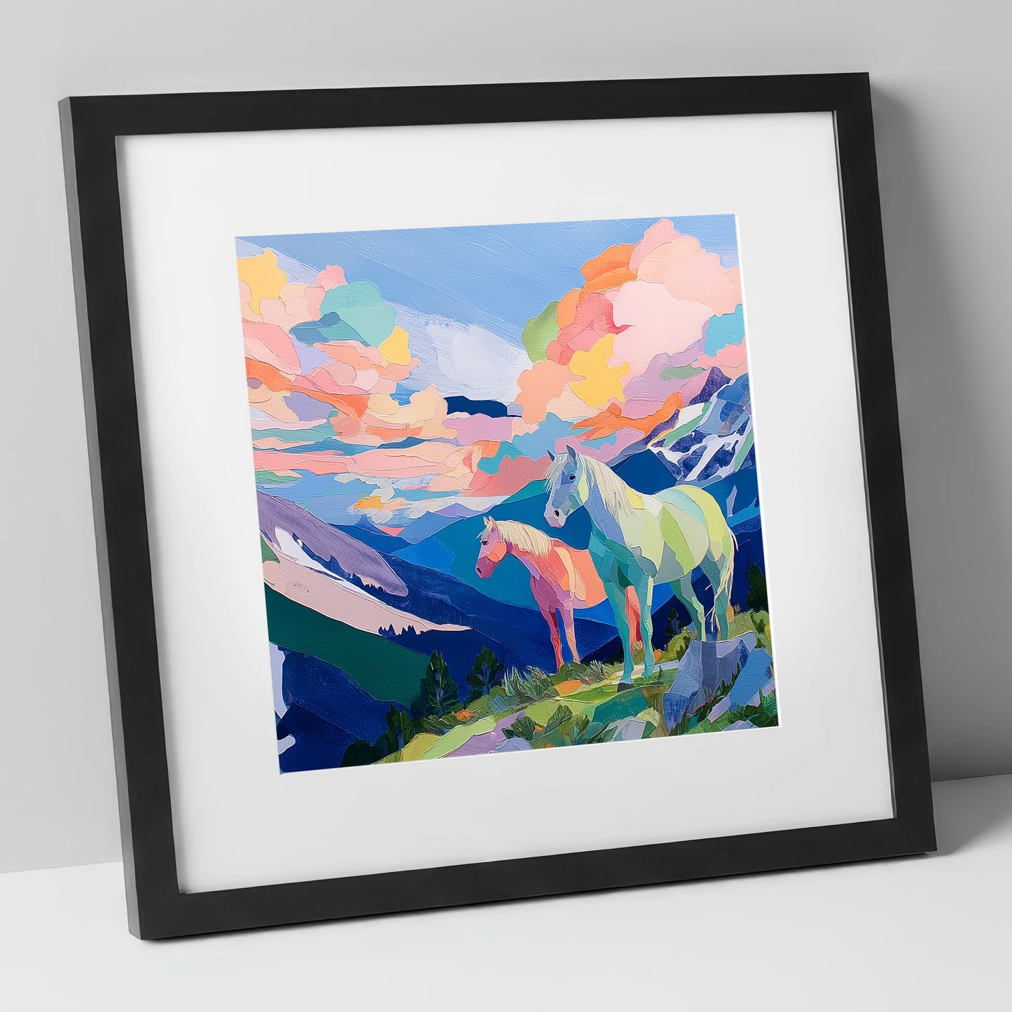 Technicolour Alpine Ridge horse landscape art print in black frame