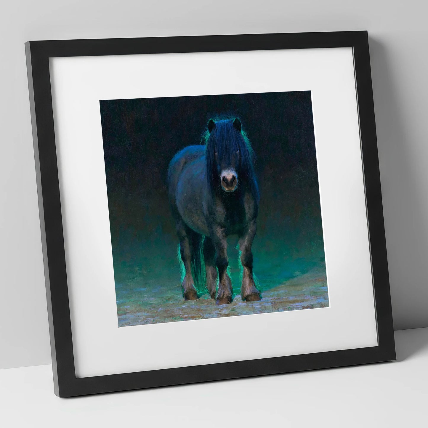 Black Shetland Pony in Moonlight horse breed art print in black frame