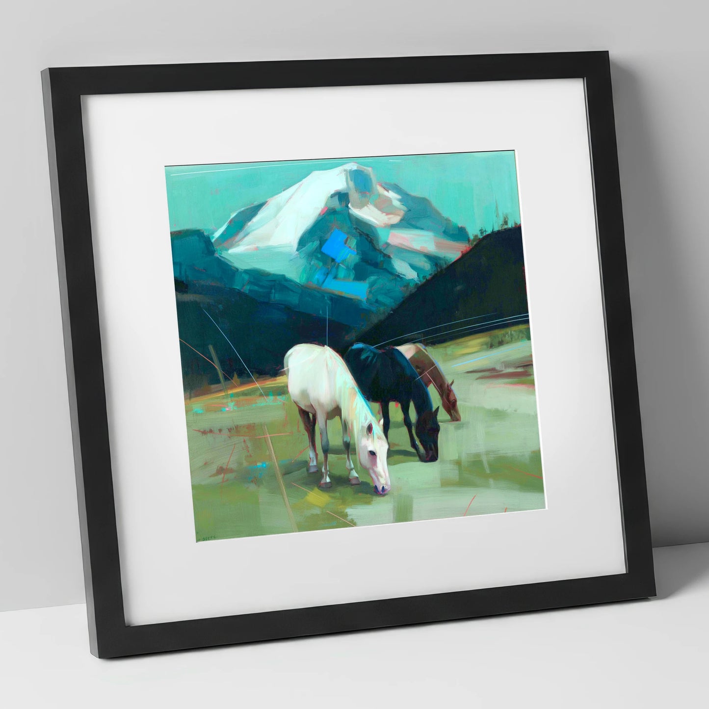 Teal Mountain Pasture horse landscape art print in black frame