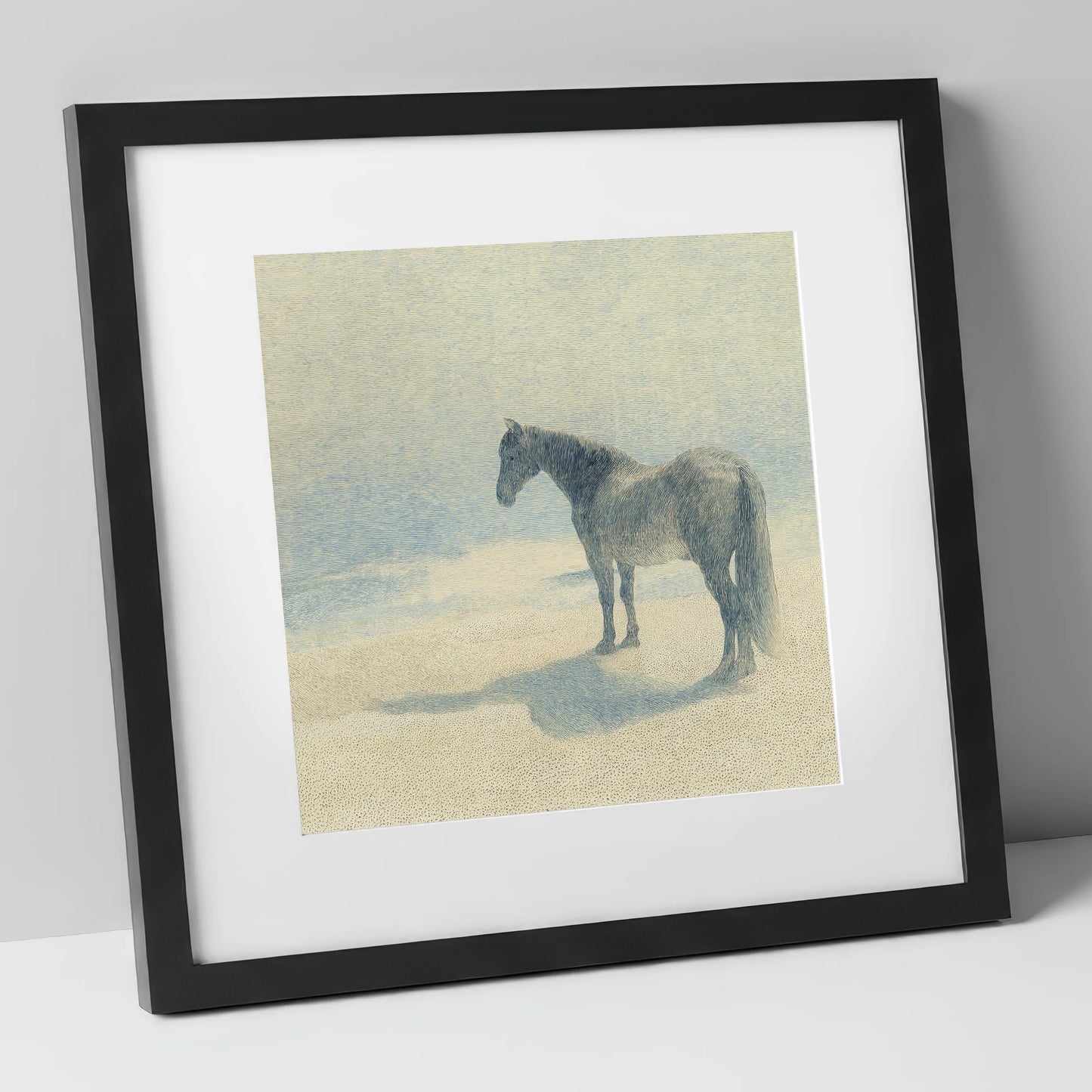 Stillness in Slate horse landscape art print in black frame