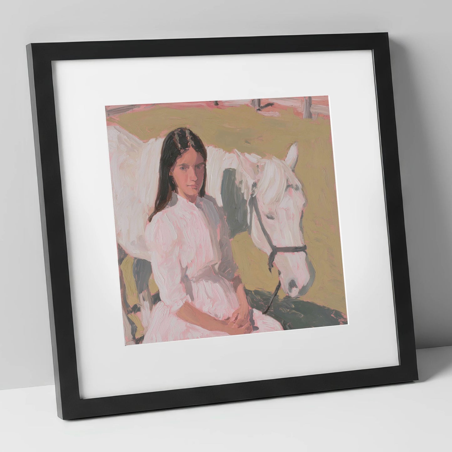 Pastel Companionship horse & rider art print in black frame