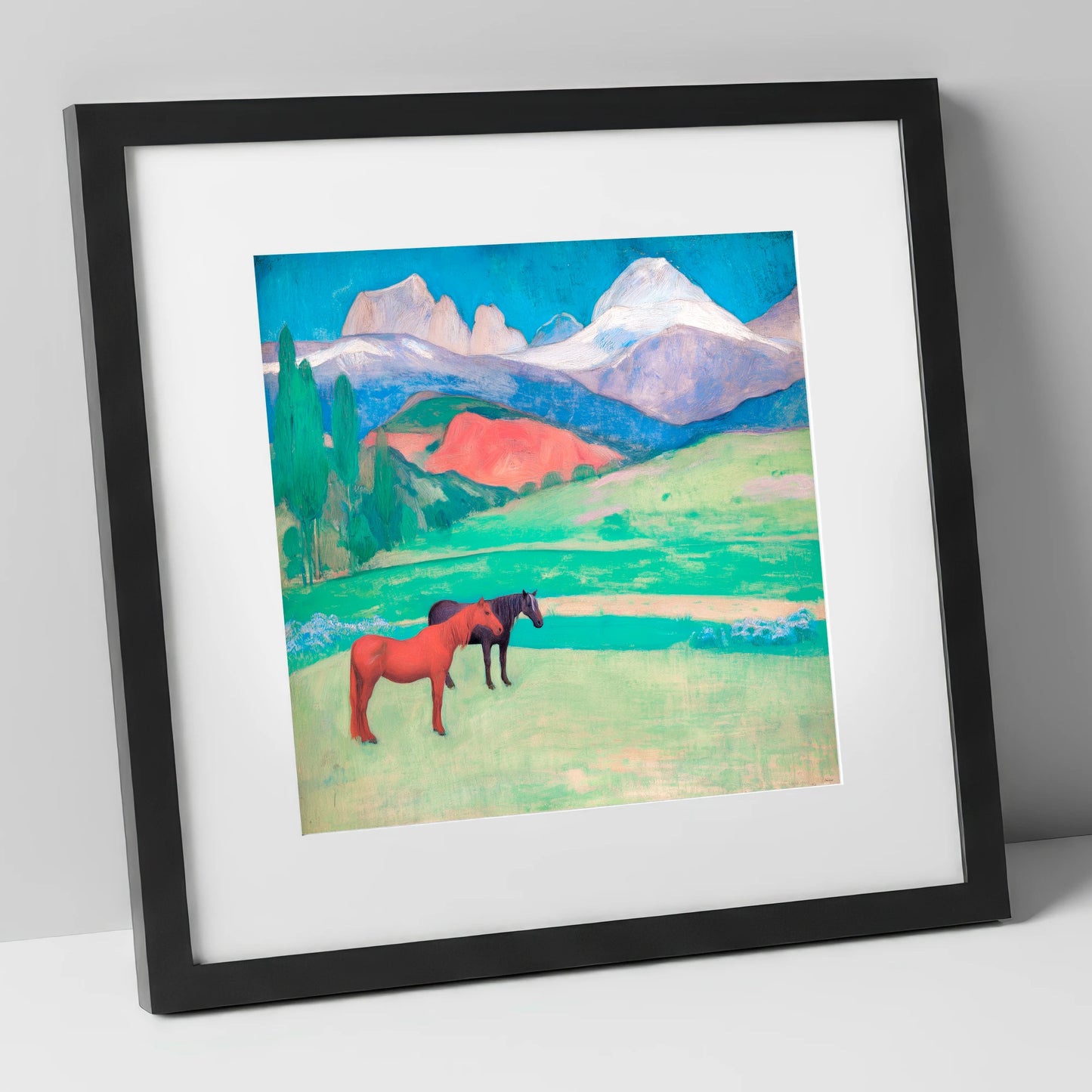 Crimson Mountain Companions horse landscape art print in black frame