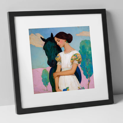 Quiet Colourful Bond horse & rider art print in black frame