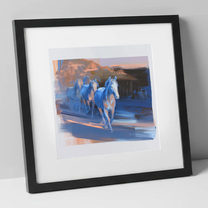 Cobalt Dawn Herd wild horses art print in black frame
